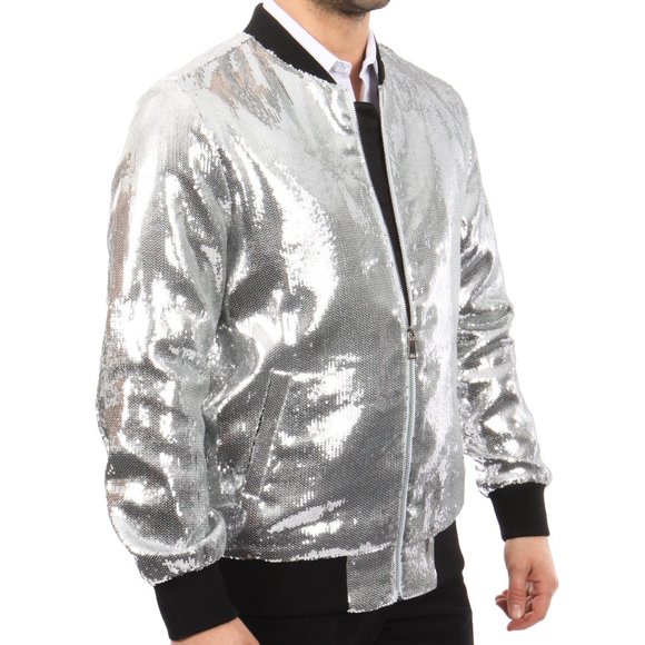 UNISEX, Men's SIZE Solid Sequin Slim-Fit Bomber Jacket, Silver - Picture 5 of 6